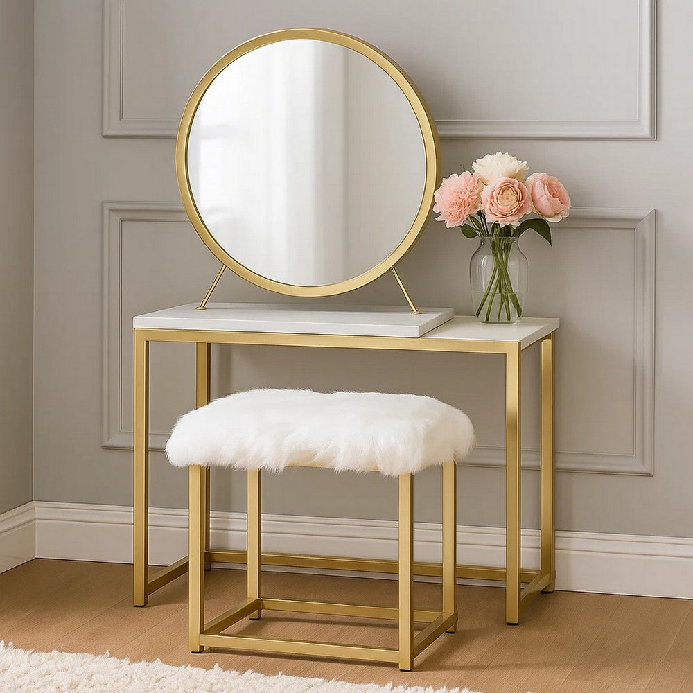 Benjara Rose Round Vanity Mirror with Stool, Faux Fur Seat, Brass, White