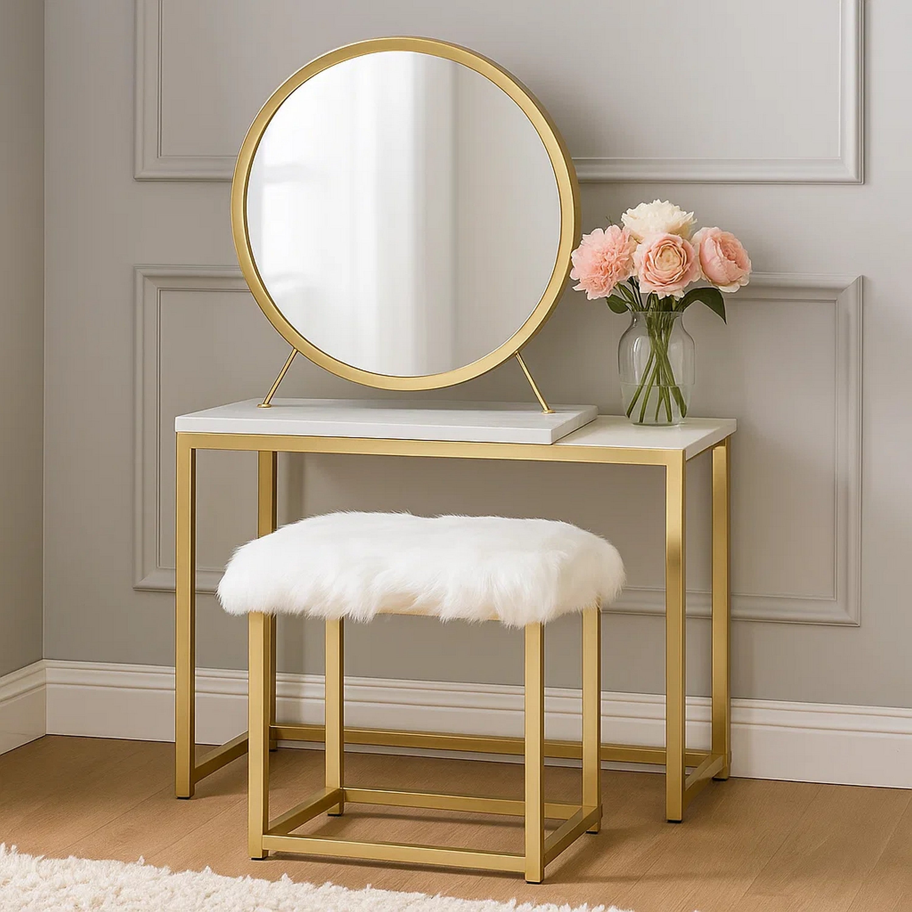 Benjara Rose Round Vanity Mirror with Stool, Faux Fur Seat, Brass, White