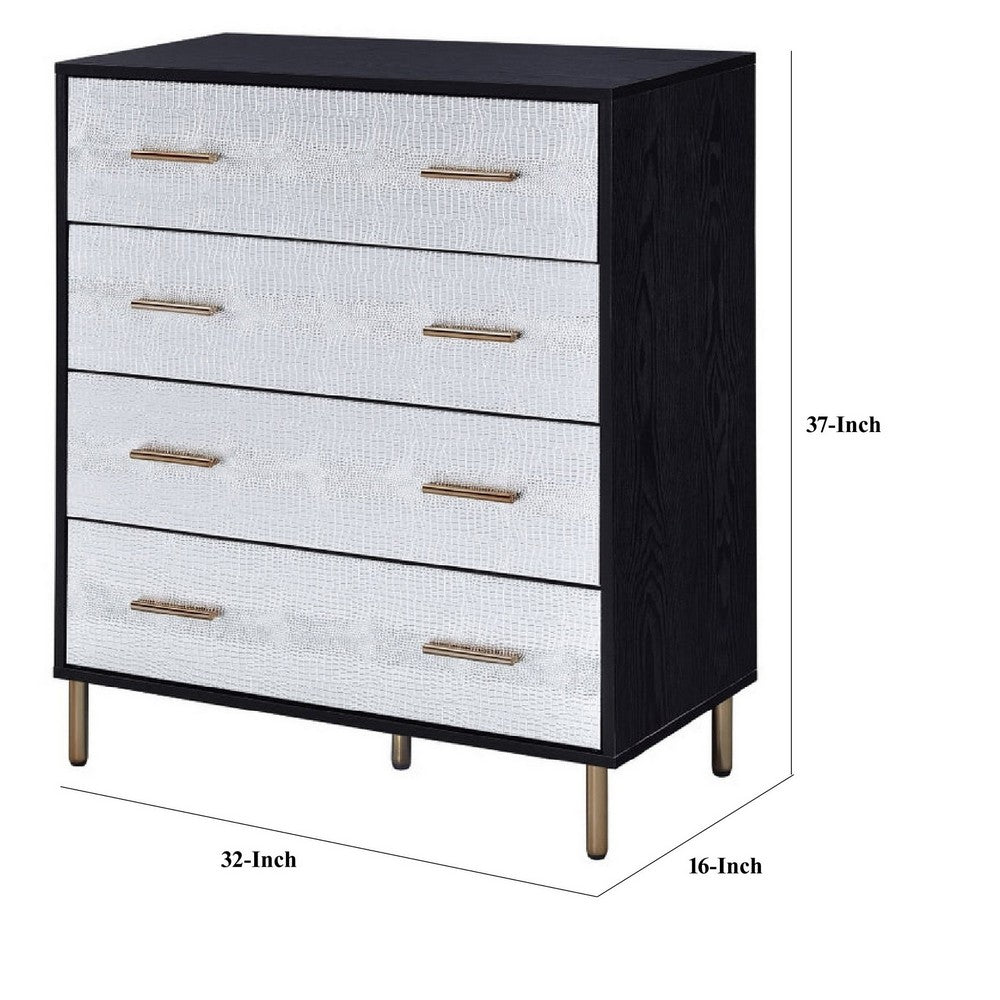 Benjara Emily 37 Inch Wood Tall Dresser Chest, 4 Drawers, Gold Handles, Black