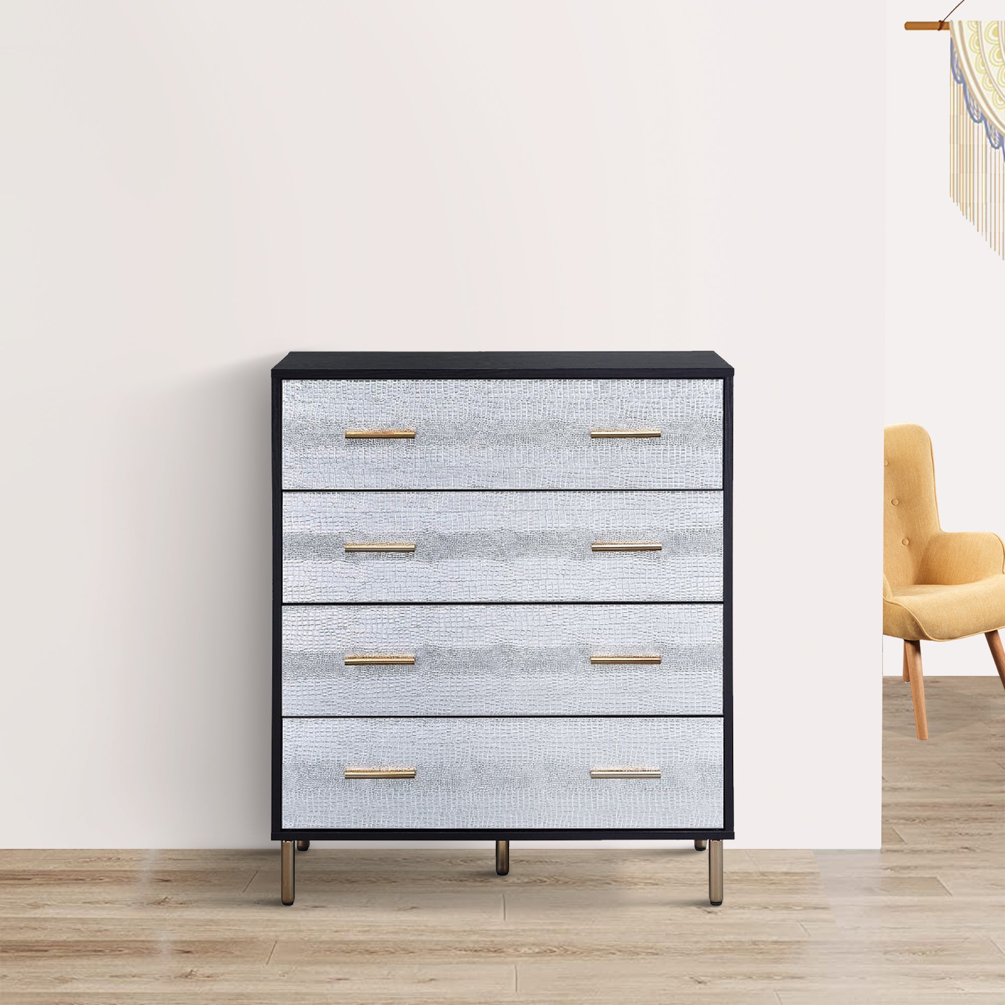 Benjara Emily 37 Inch Wood Tall Dresser Chest, 4 Drawers, Gold Handles, Black