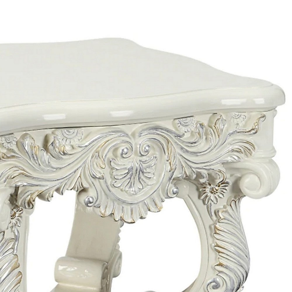 Benjara Ataa 28 Inch Square End Table, Ornate Floral Carvings, Claw Feet, White