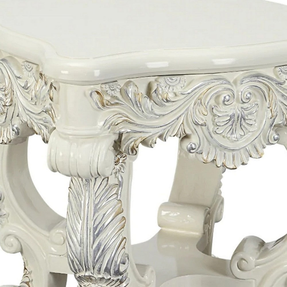 Benjara Ataa 28 Inch Square End Table, Ornate Floral Carvings, Claw Feet, White