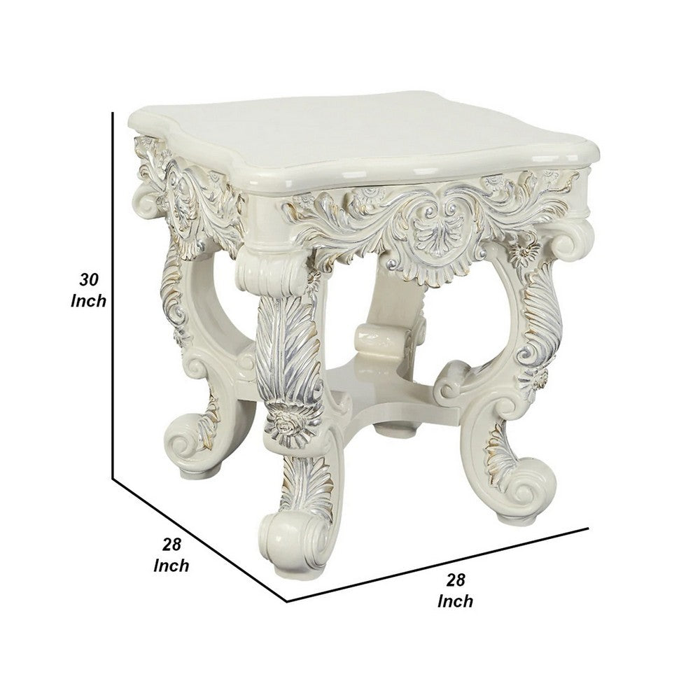 Benjara Ataa 28 Inch Square End Table, Ornate Floral Carvings, Claw Feet, White