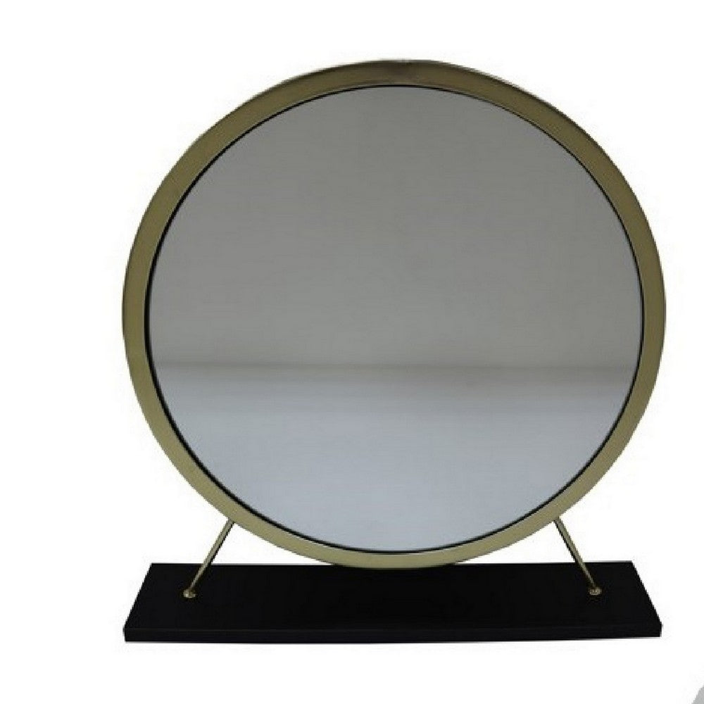 Benjara Rose Round Vanity Mirror with Stool, Faux Fur Seat, Brass, Black