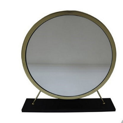 Benjara Rose Round Vanity Mirror with Stool, Faux Fur Seat, Brass, Black