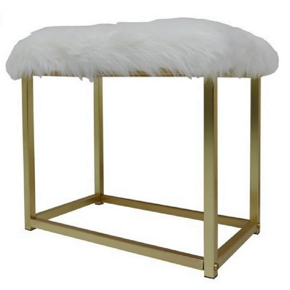 Benjara Rose Round Vanity Mirror with Stool, Faux Fur Seat, Brass, Black