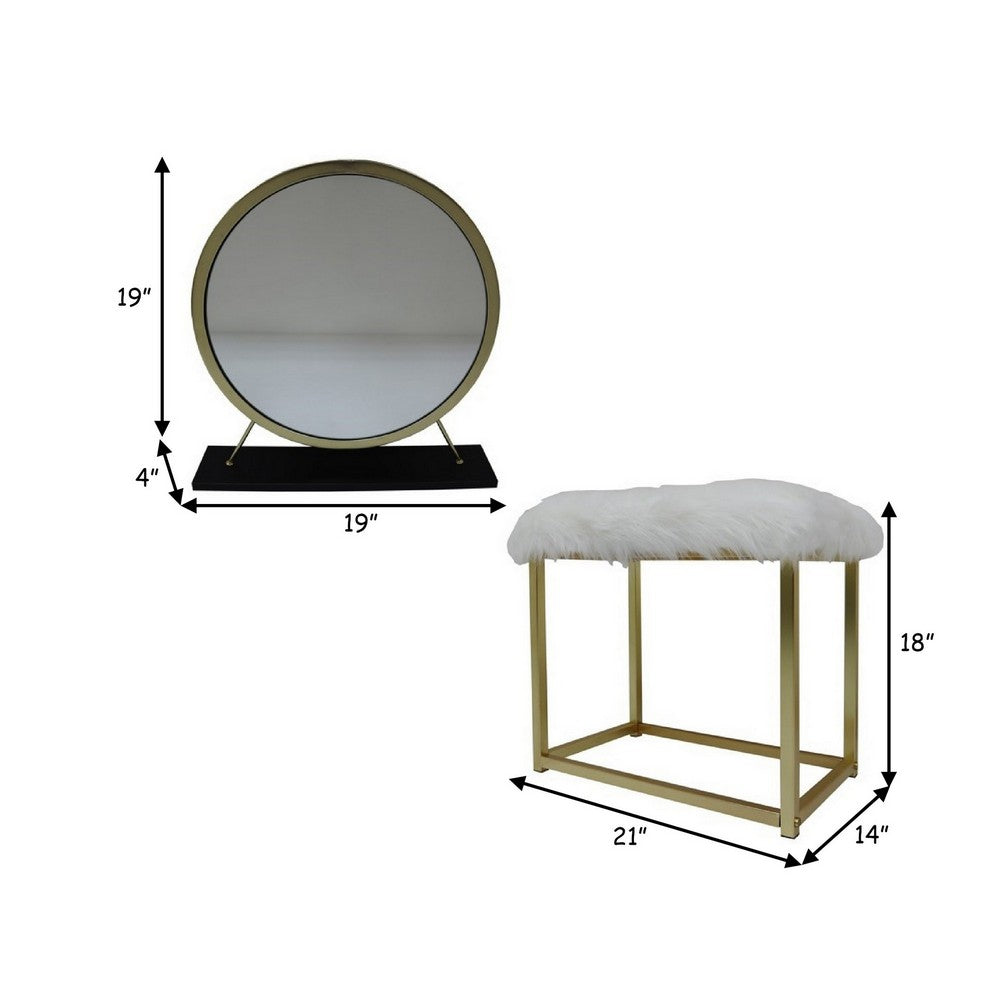 Benjara Rose Round Vanity Mirror with Stool, Faux Fur Seat, Brass, Black