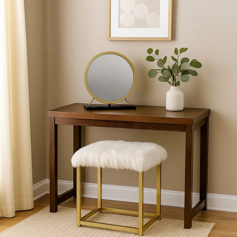 Benjara Rose Round Vanity Mirror with Stool, Faux Fur Seat, Brass, Black