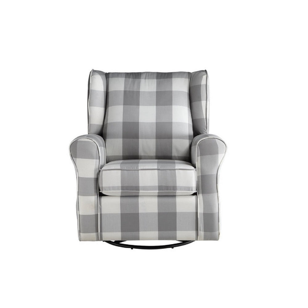 Benjara 35 Inch Accent Swivel Chair, Glider, Checkered Fabric, Light Gray
