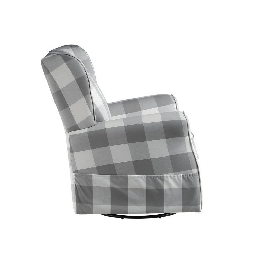 Benjara 35 Inch Accent Swivel Chair, Glider, Checkered Fabric, Light Gray