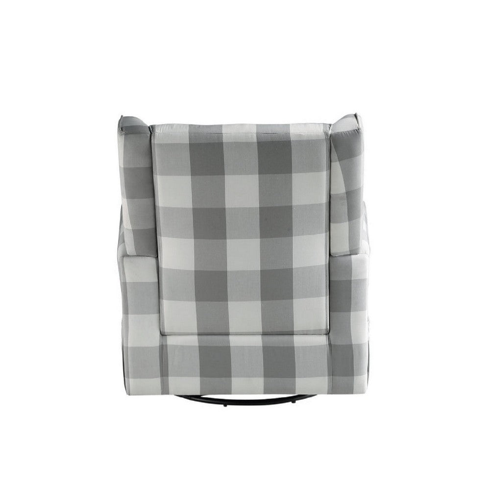 Benjara 35 Inch Accent Swivel Chair, Glider, Checkered Fabric, Light Gray