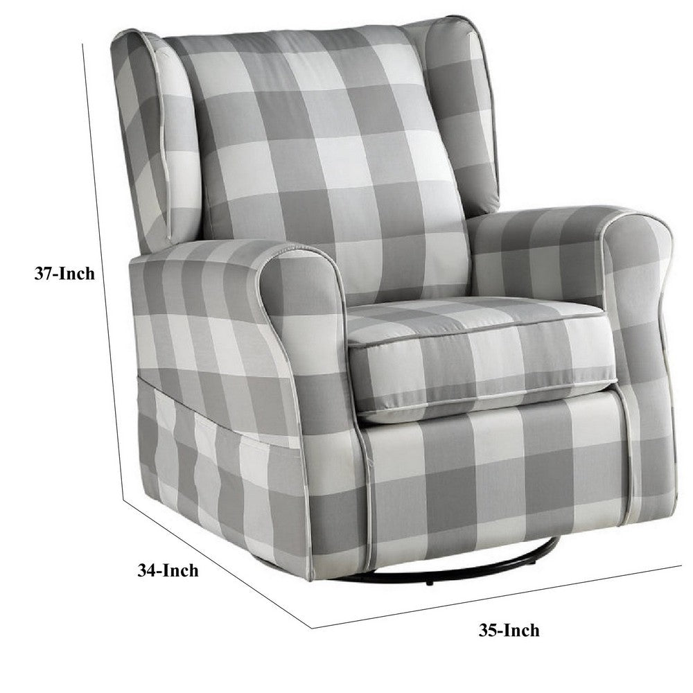 Benjara 35 Inch Accent Swivel Chair, Glider, Checkered Fabric, Light Gray