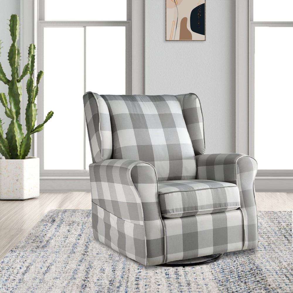 Benjara 35 Inch Accent Swivel Chair, Glider, Checkered Fabric, Light Gray