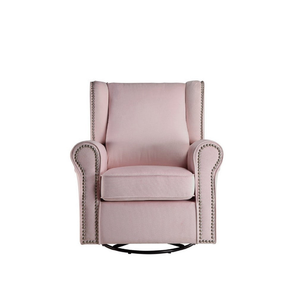 Benjara 35 Inch Accent Swivel Chair, Glider, Nailhead Trim, Light Pink