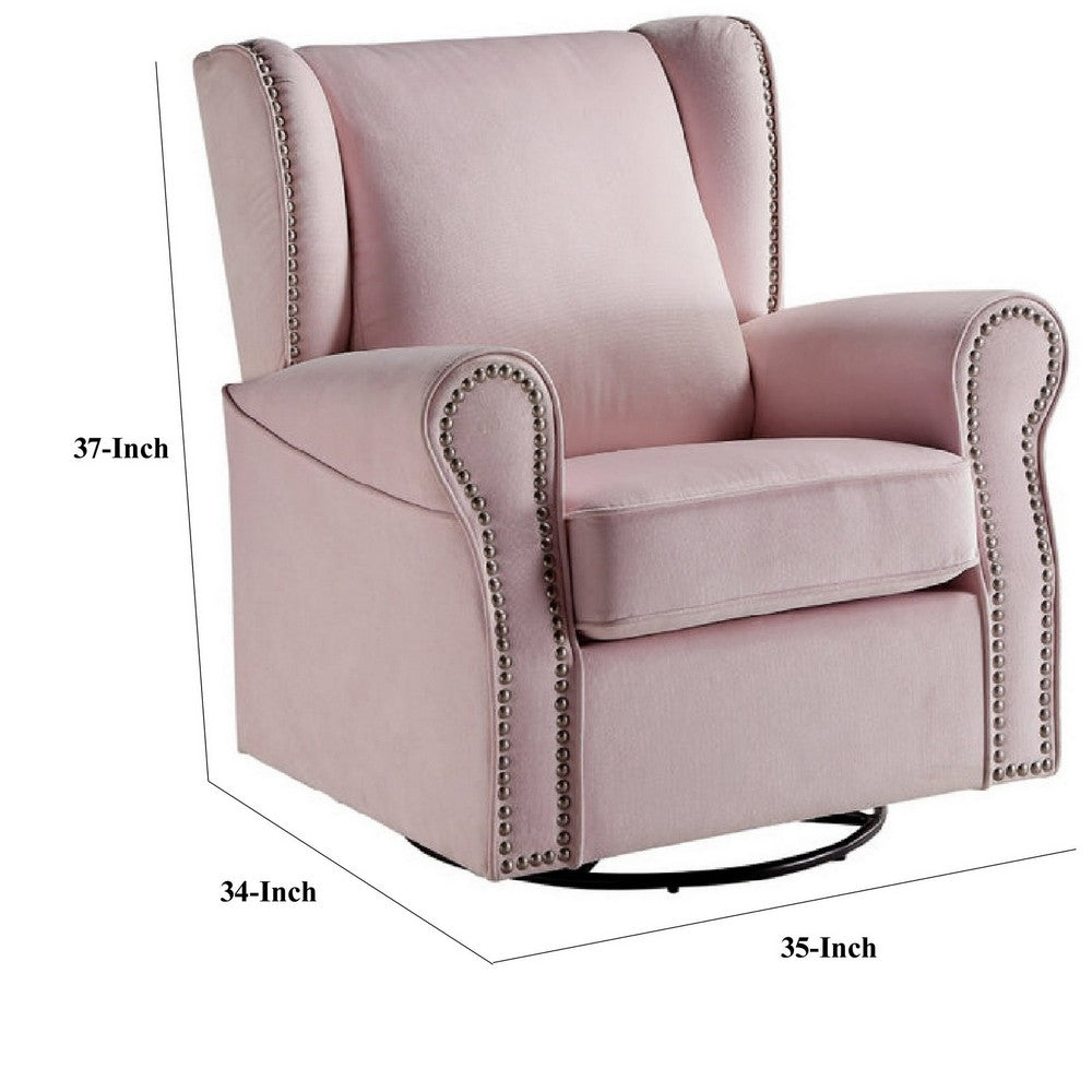 Benjara 35 Inch Accent Swivel Chair, Glider, Nailhead Trim, Light Pink