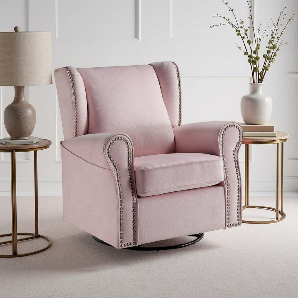 Benjara 35 Inch Accent Swivel Chair, Glider, Nailhead Trim, Light Pink