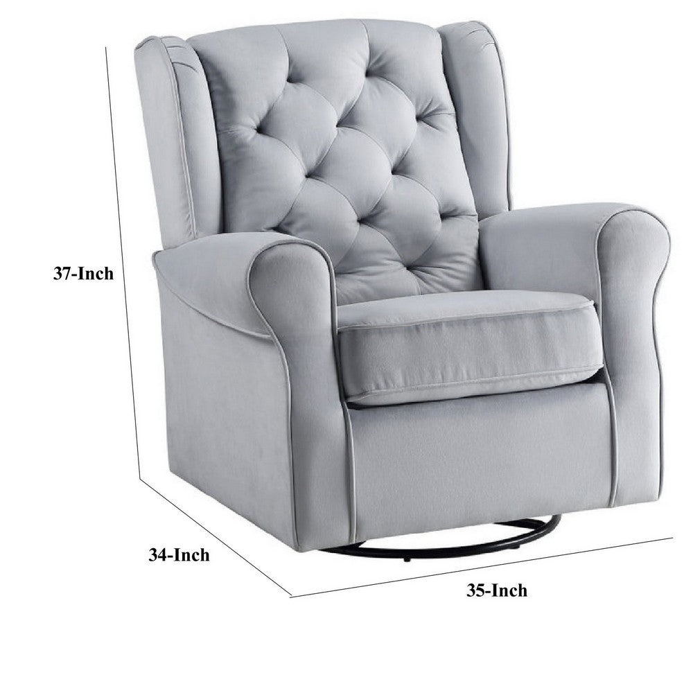 Benjara 35 Inch Accent Swivel Chair, Glider, Tufted Back, Gray