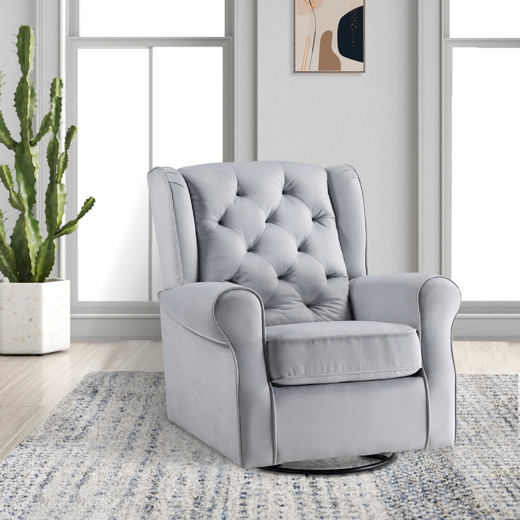 Benjara 35 Inch Accent Swivel Chair, Glider, Tufted Back, Gray