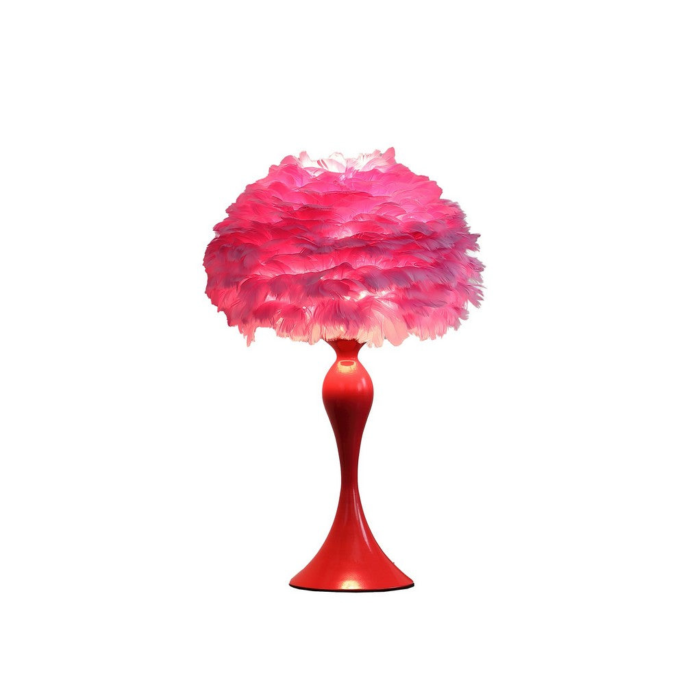 Benjara Lily 24 Inch Metal Glam Feather Table Lamp, Candlestick, 40W, Pink, Red