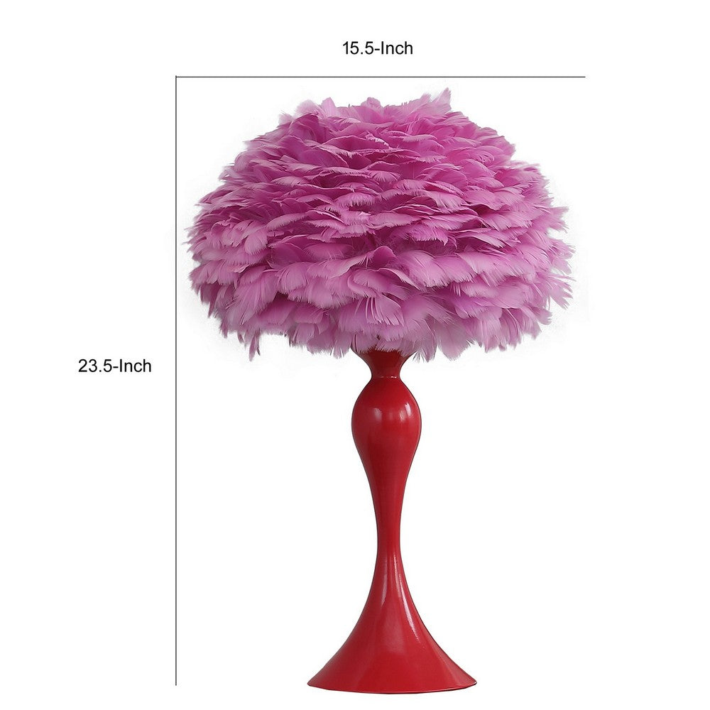 Benjara Lily 24 Inch Metal Glam Feather Table Lamp, Candlestick, 40W, Pink, Red