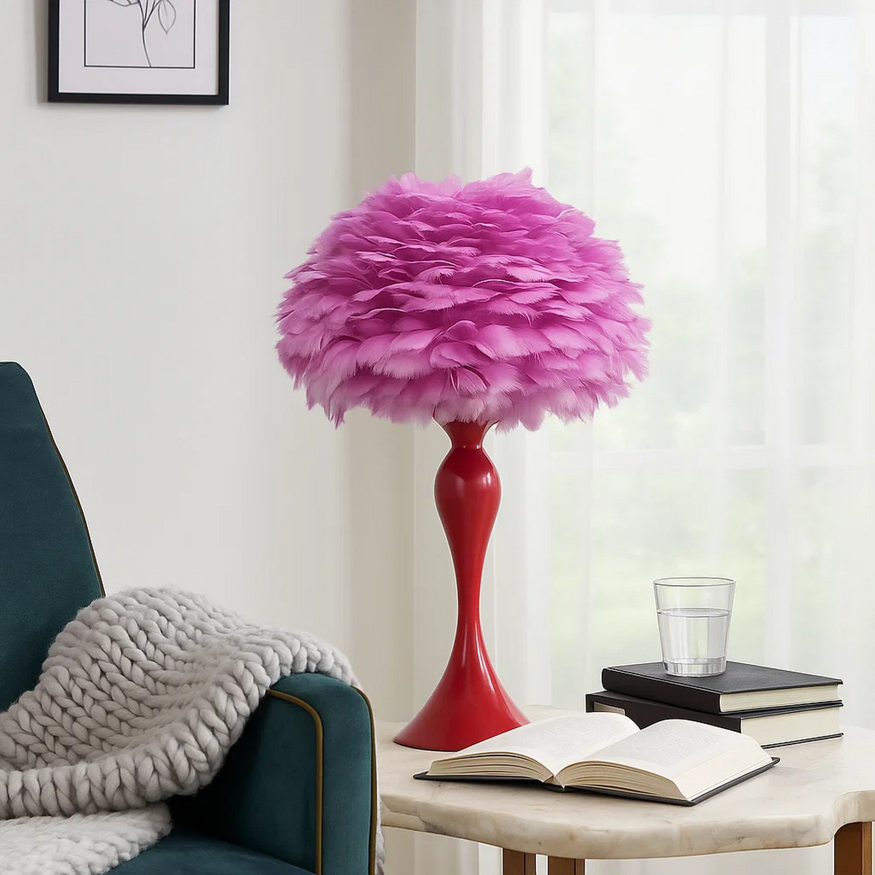 Benjara Lily 24 Inch Metal Glam Feather Table Lamp, Candlestick, 40W, Pink, Red