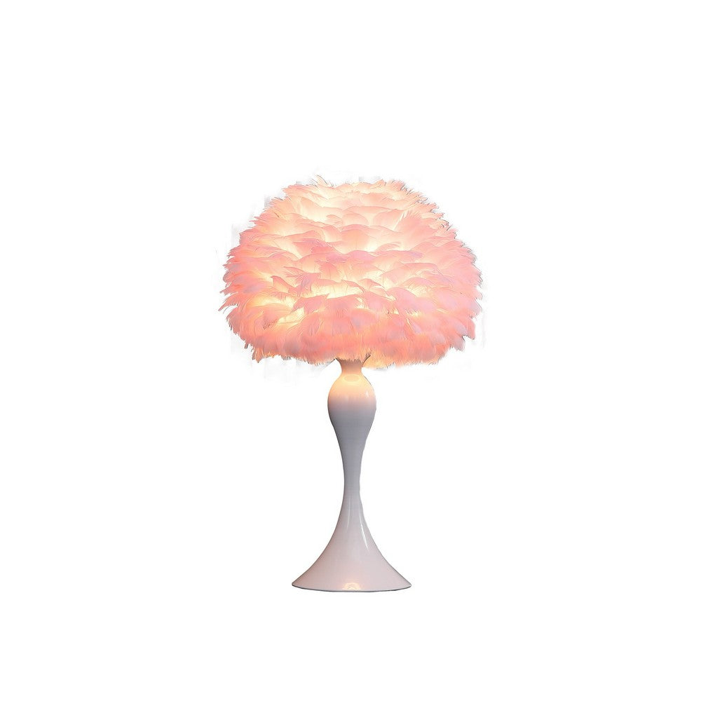 Benjara Lily 24 Inch Metal Glam Feather Table Lamp, Candlestick, 40W, Pink, White