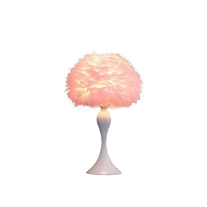 Benjara Lily 24 Inch Metal Glam Feather Table Lamp, Candlestick, 40W, Pink, White