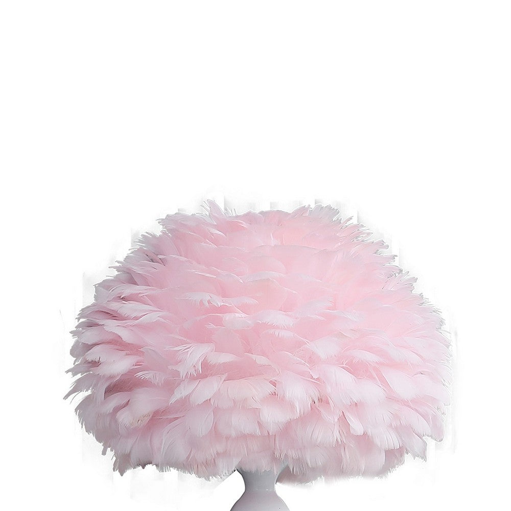 Benjara Lily 24 Inch Metal Glam Feather Table Lamp, Candlestick, 40W, Pink, White