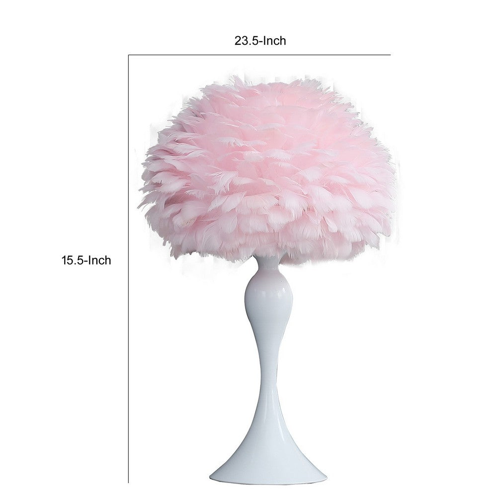 Benjara Lily 24 Inch Metal Glam Feather Table Lamp, Candlestick, 40W, Pink, White