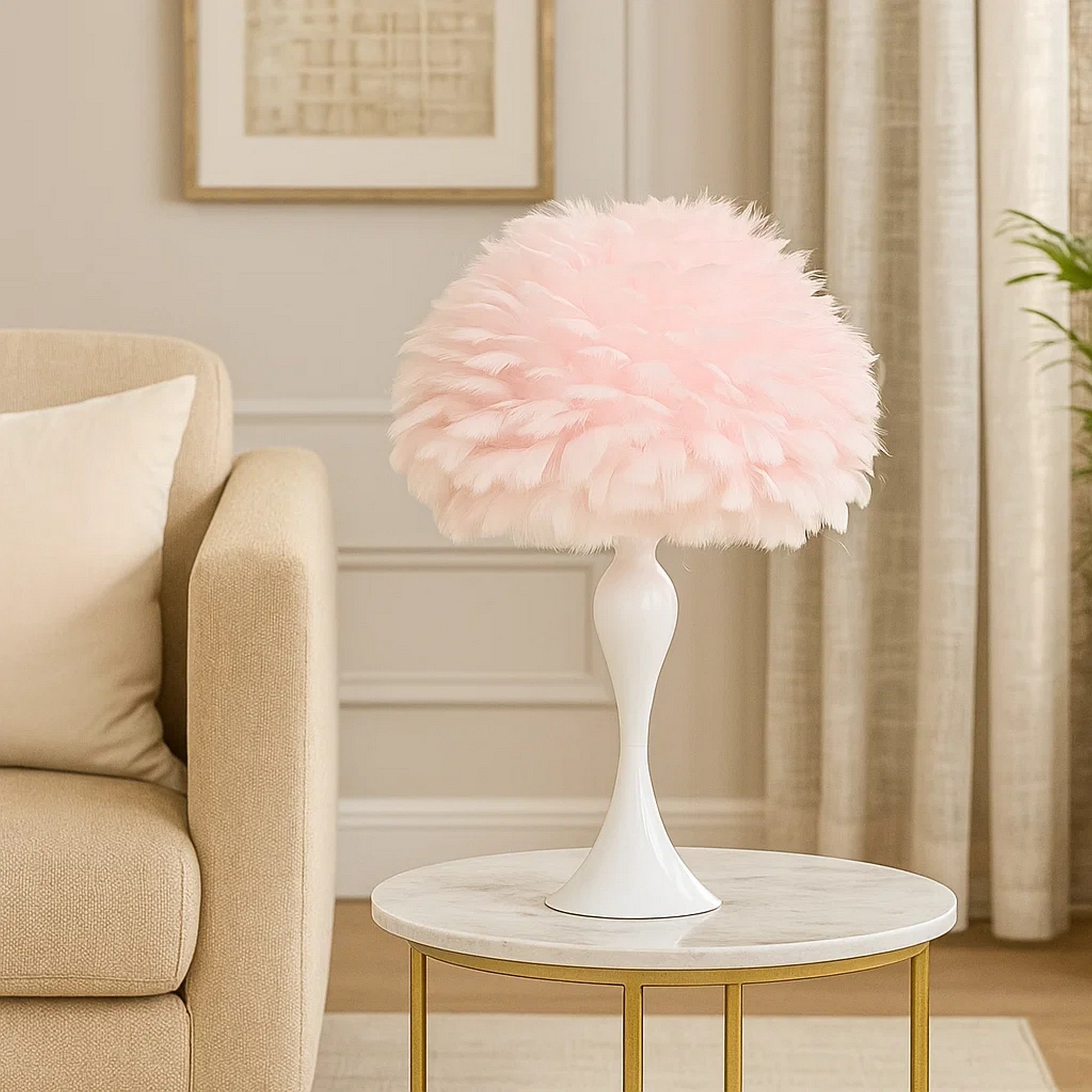 Benjara Lily 24 Inch Metal Glam Feather Table Lamp, Candlestick, 40W, Pink, White