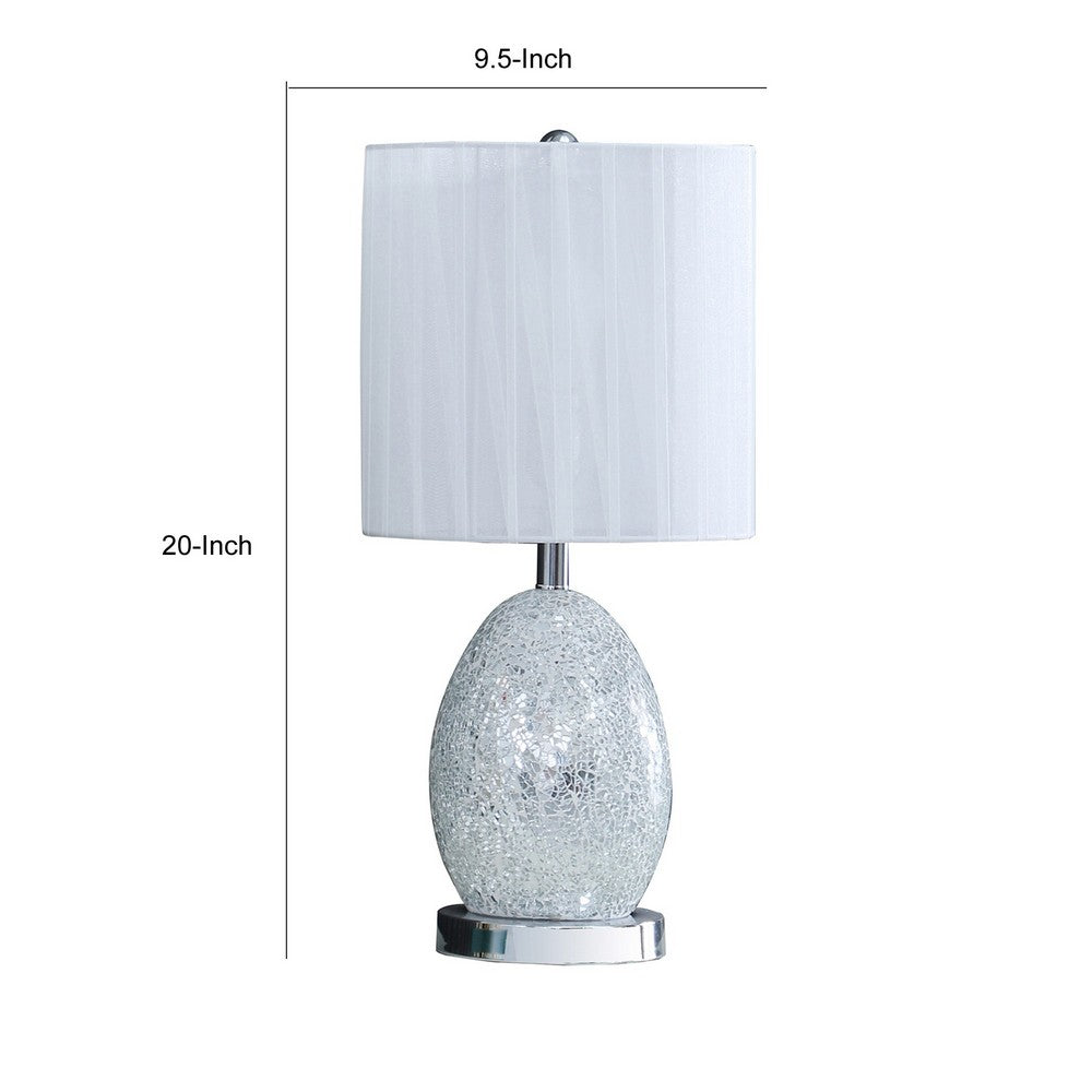 Benjara 20 Inch Glass Table Lamp, 9W LED, 3 Way Switch, Egg Shape, Silver