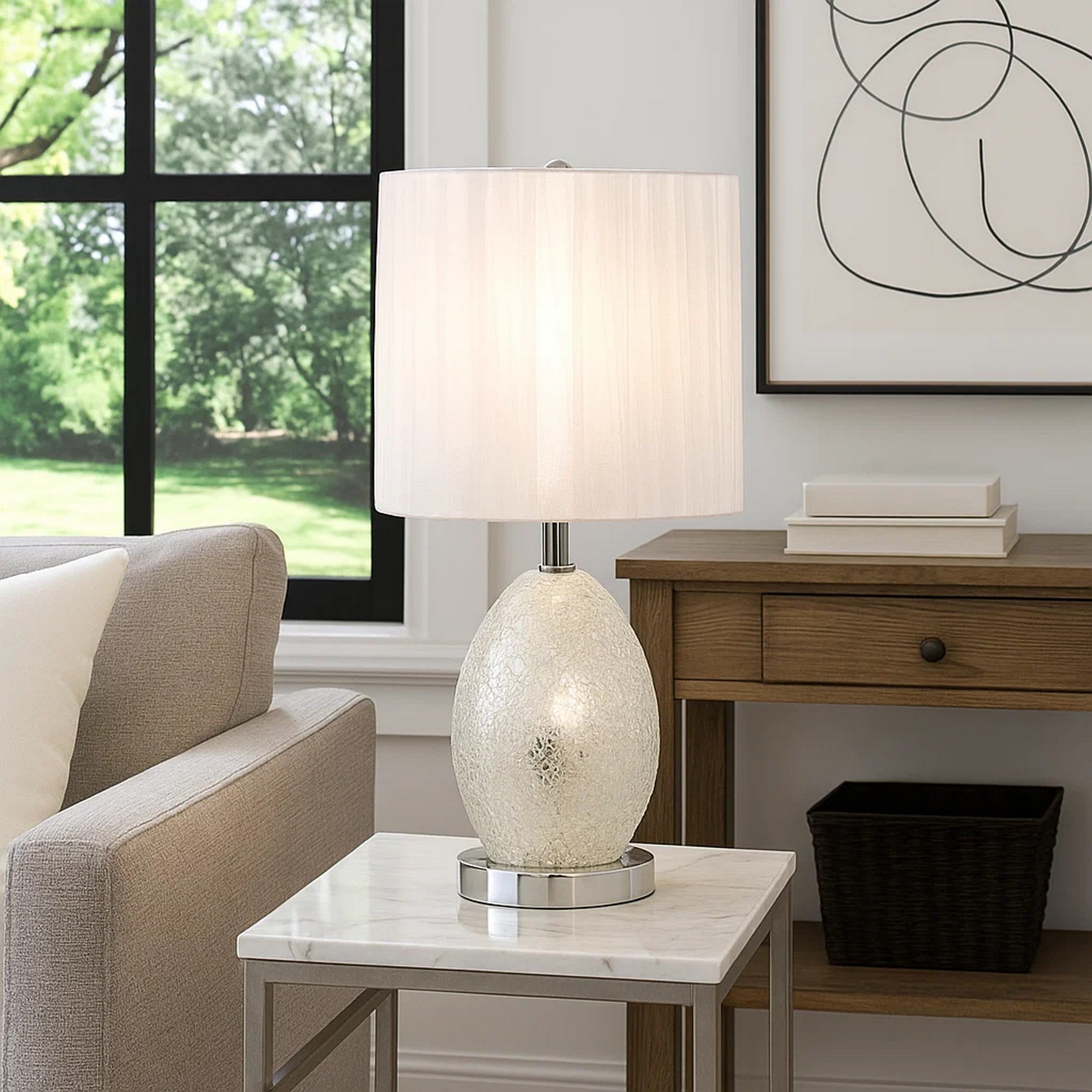 Benjara 20 Inch Glass Table Lamp, 9W LED, 3 Way Switch, Egg Shape, Silver