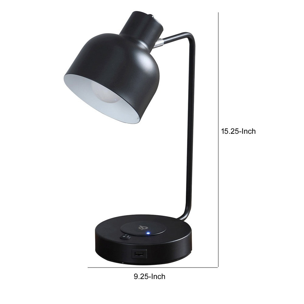 Benjara 15 Inch Metal Table Lamp, Adjustable Shade, Wireless Charging, Black