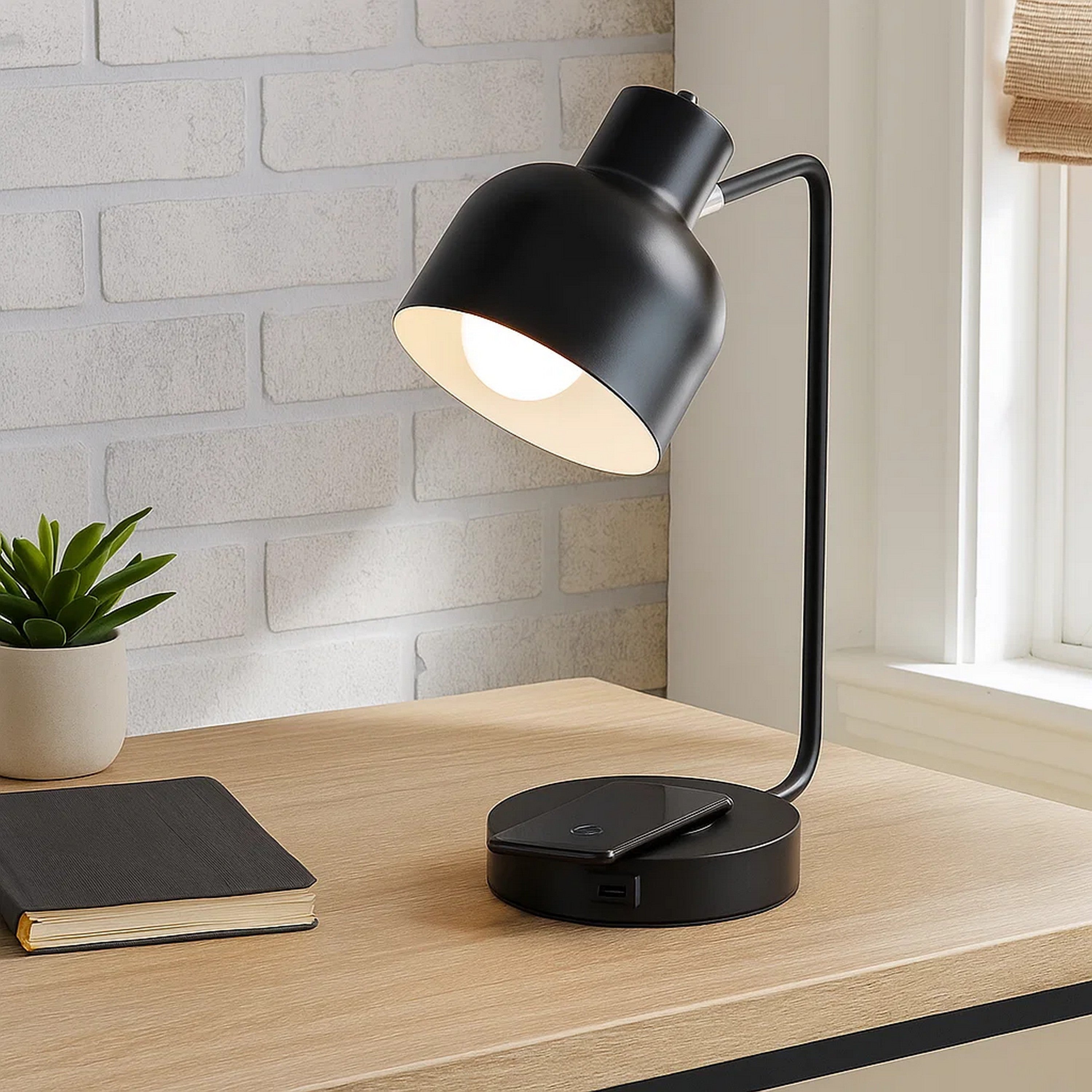 Benjara 15 Inch Metal Table Lamp, Adjustable Shade, Wireless Charging, Black