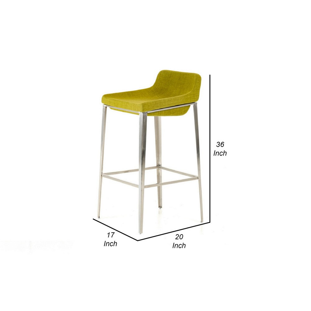 Benjara Cid 30 Inch Modern Bar Stool, Low Back, Metal Legs, Green
