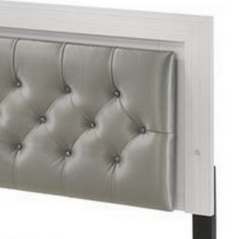 Benjara Elegant Queen Size Bed, LED Trim, Button Tufted Headboard, White