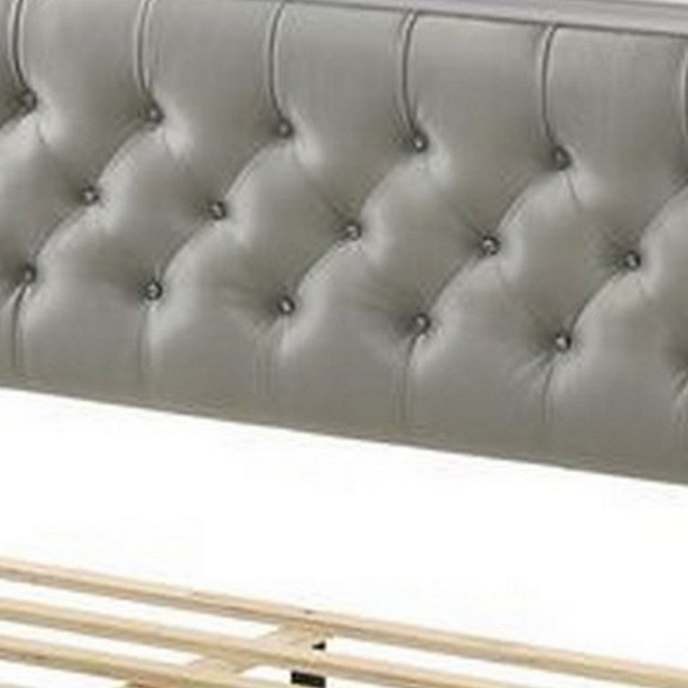 Benjara Elegant Queen Size Bed, LED Trim, Button Tufted Headboard, White