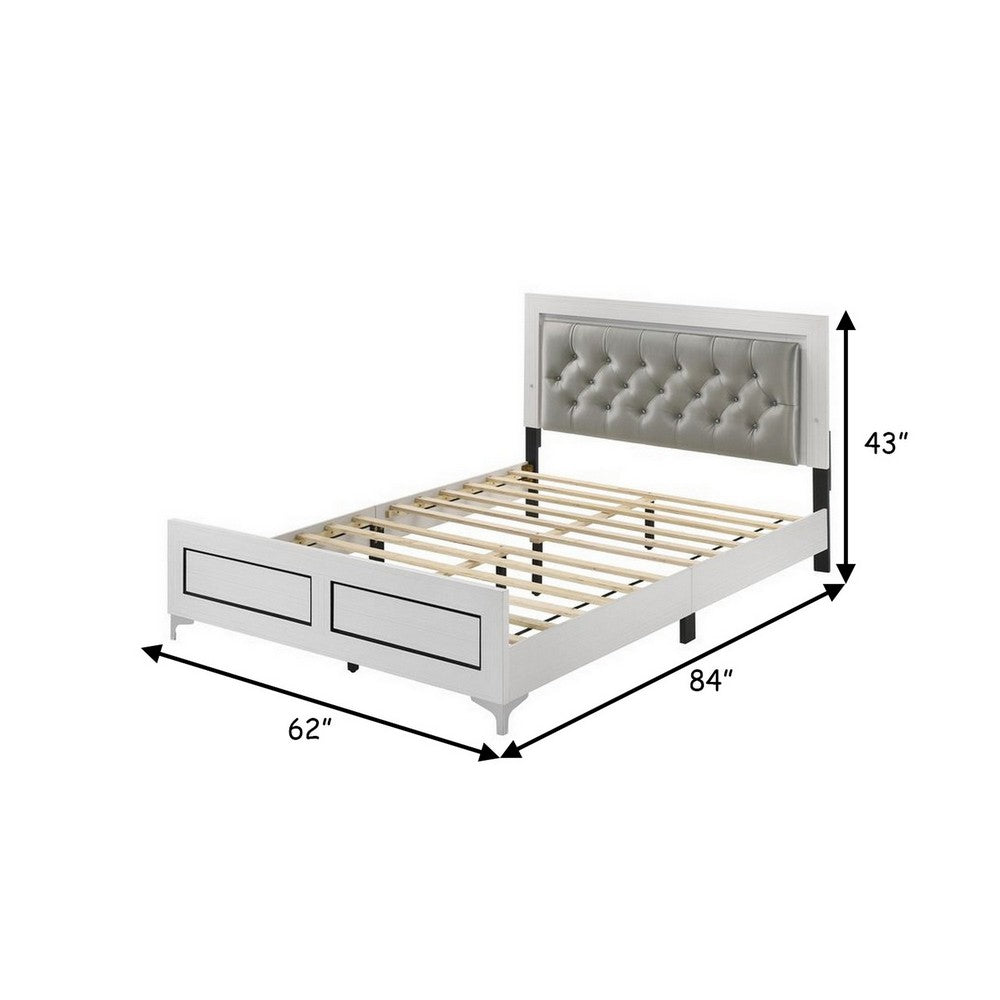 Benjara Elegant Queen Size Bed, LED Trim, Button Tufted Headboard, White