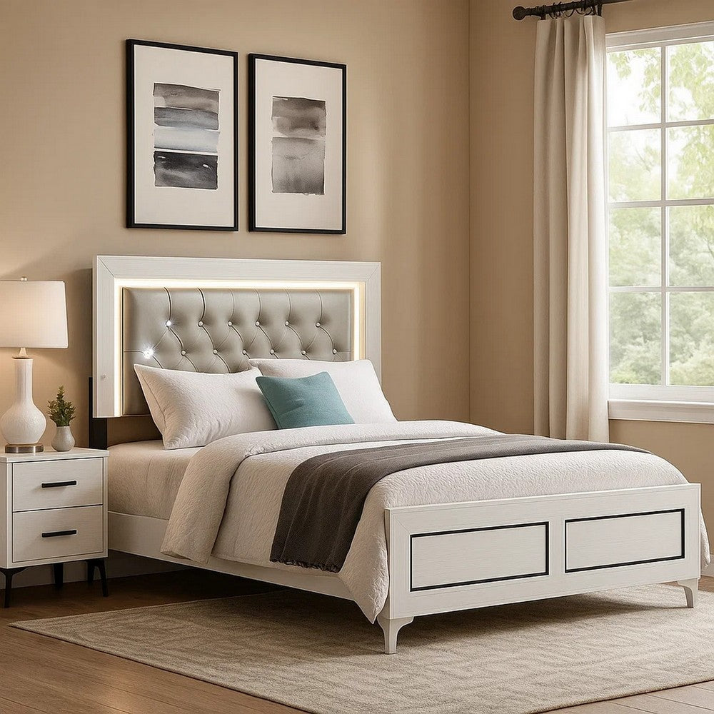 Benjara Elegant Queen Size Bed, LED Trim, Button Tufted Headboard, White