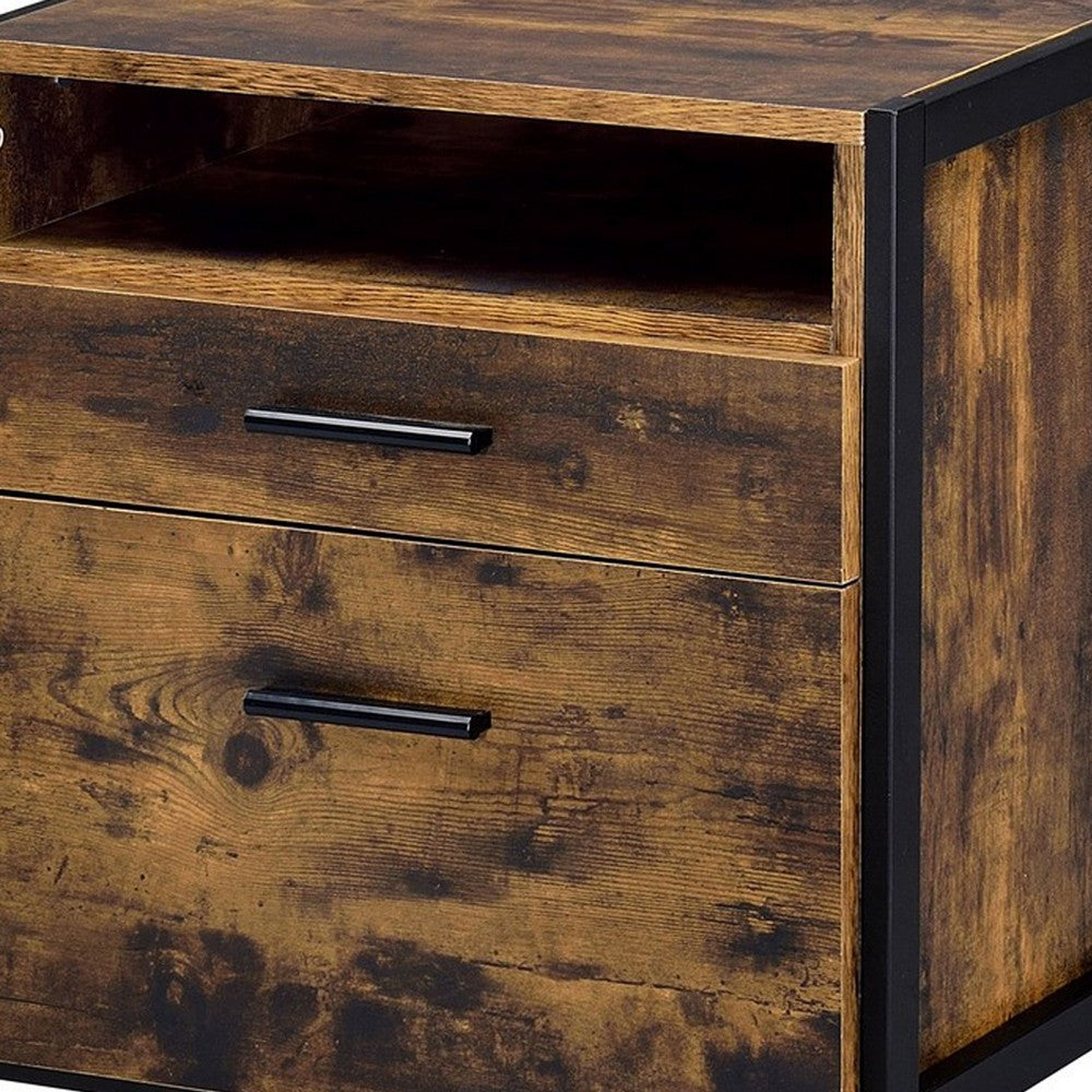 Benjara Nat 23 Inch Rustic Wood Nightstand, 2 Drawers, Brown And Black
