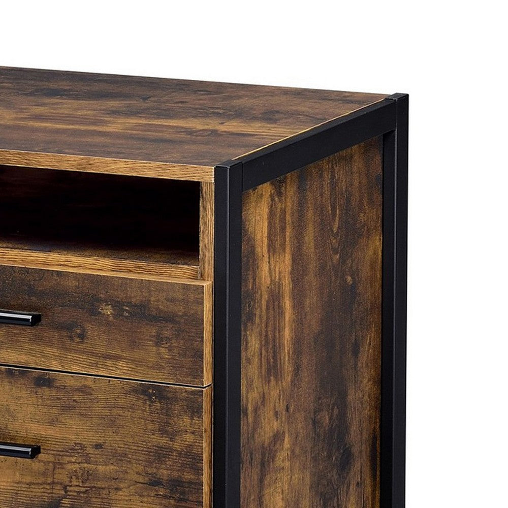 Benjara Nat 23 Inch Rustic Wood Nightstand, 2 Drawers, Brown And Black