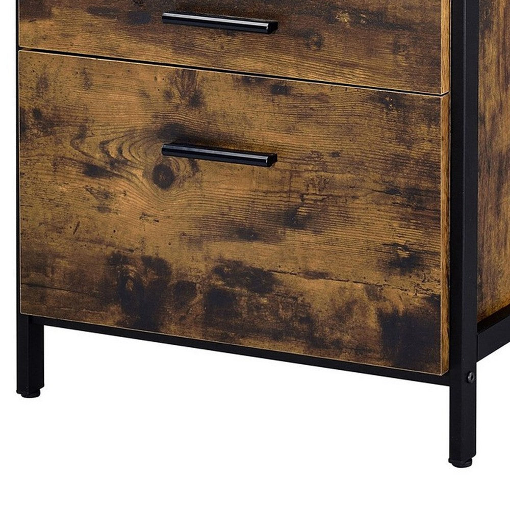 Benjara Nat 23 Inch Rustic Wood Nightstand, 2 Drawers, Brown And Black