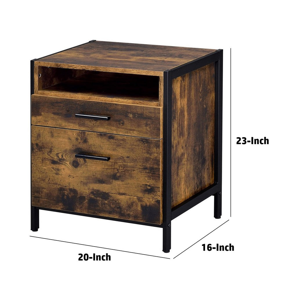 Benjara Nat 23 Inch Rustic Wood Nightstand, 2 Drawers, Brown And Black