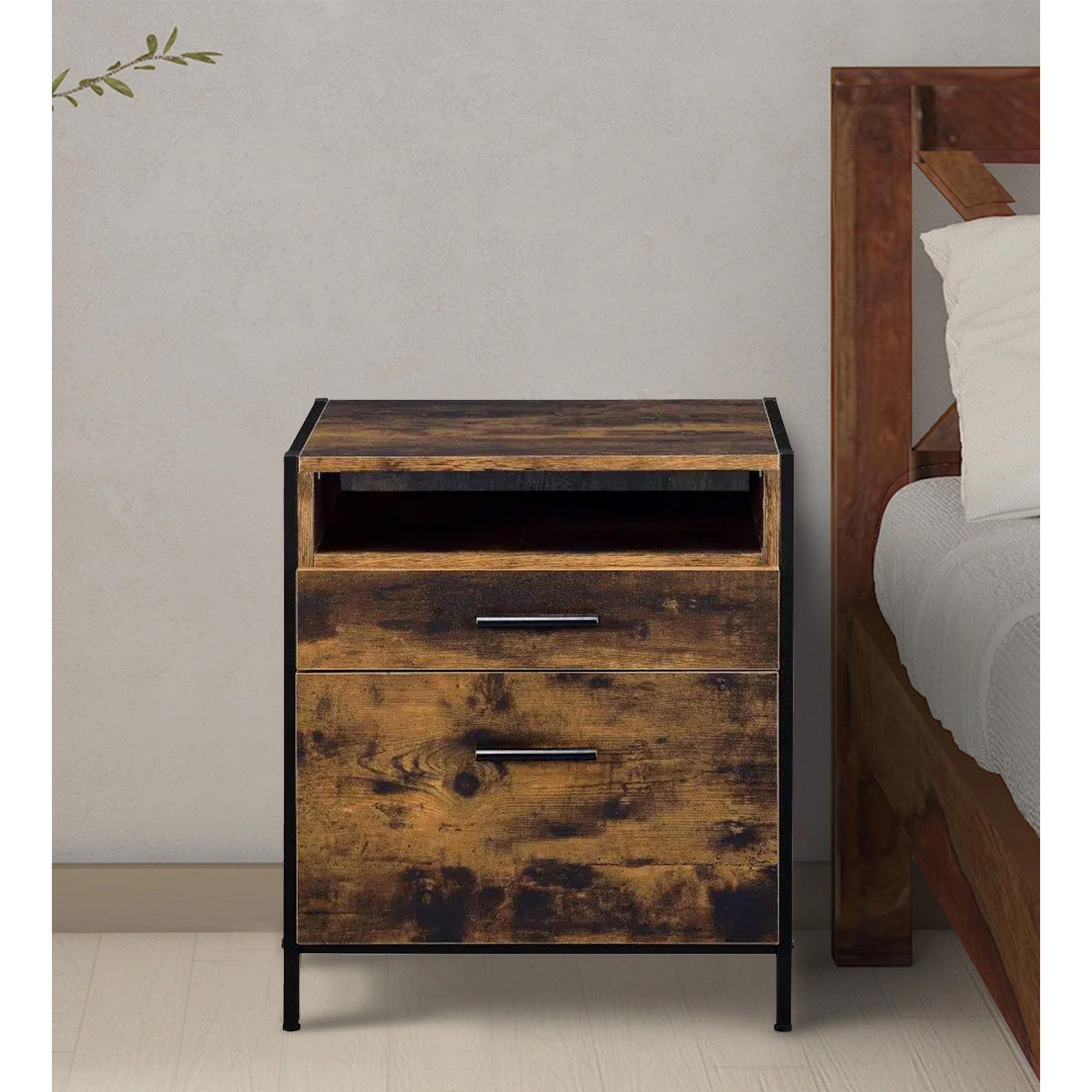 Benjara Nat 23 Inch Rustic Wood Nightstand, 2 Drawers, Brown And Black