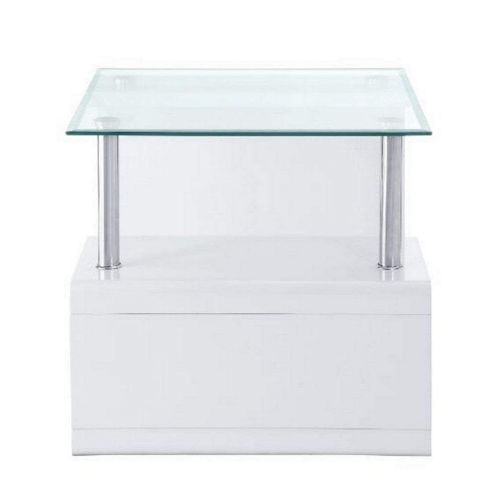 Benjara 24 Inch Square Accent End Table, Glass Top, Open Shelf, White, Chrome