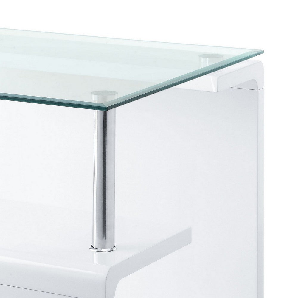 Benjara 24 Inch Square Accent End Table, Glass Top, Open Shelf, White, Chrome