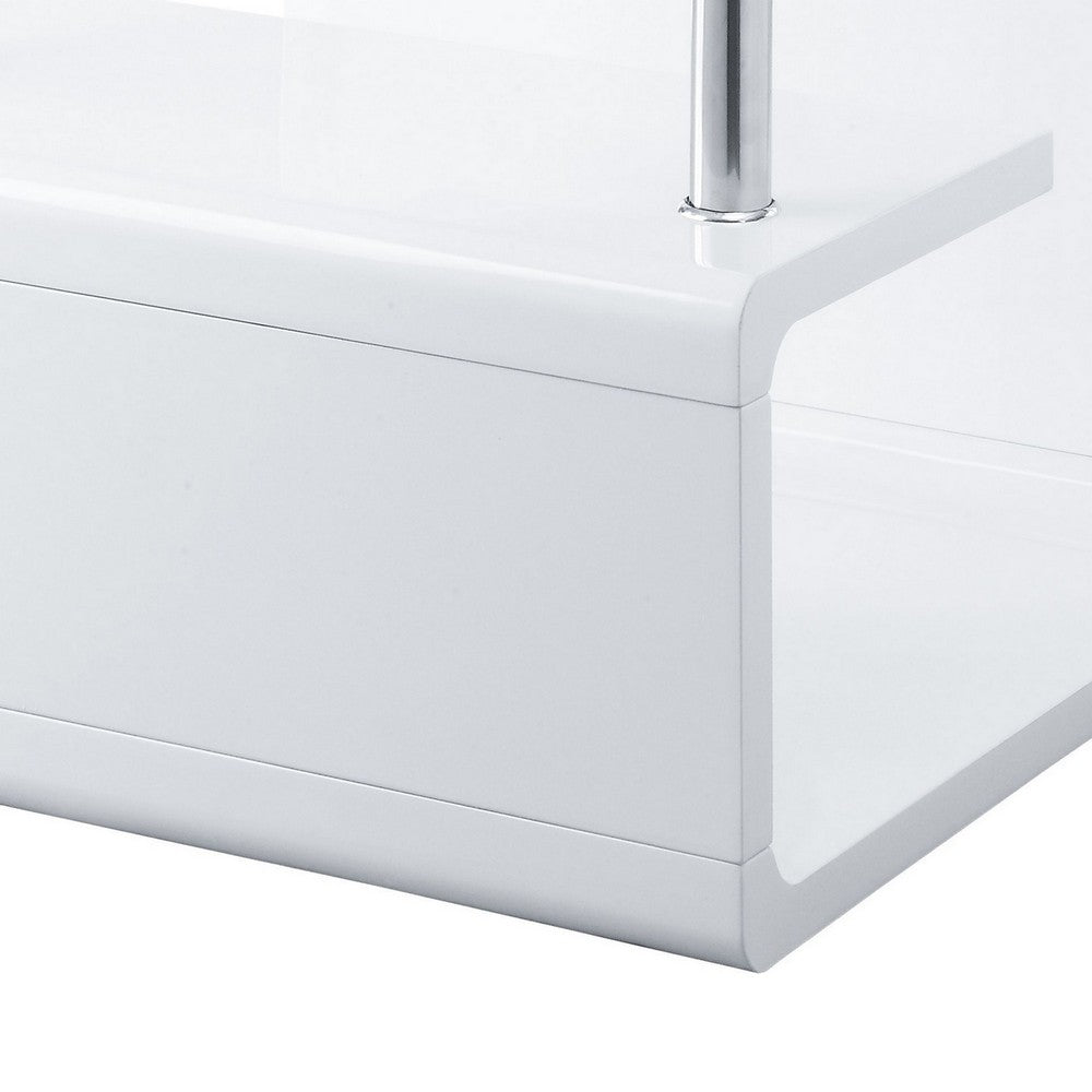 Benjara 24 Inch Square Accent End Table, Glass Top, Open Shelf, White, Chrome