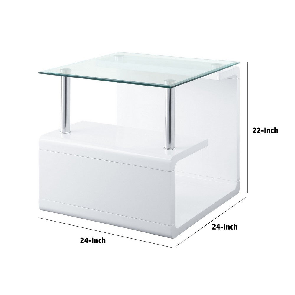 Benjara 24 Inch Square Accent End Table, Glass Top, Open Shelf, White, Chrome
