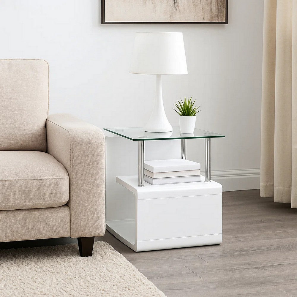 Benjara 24 Inch Square Accent End Table, Glass Top, Open Shelf, White, Chrome