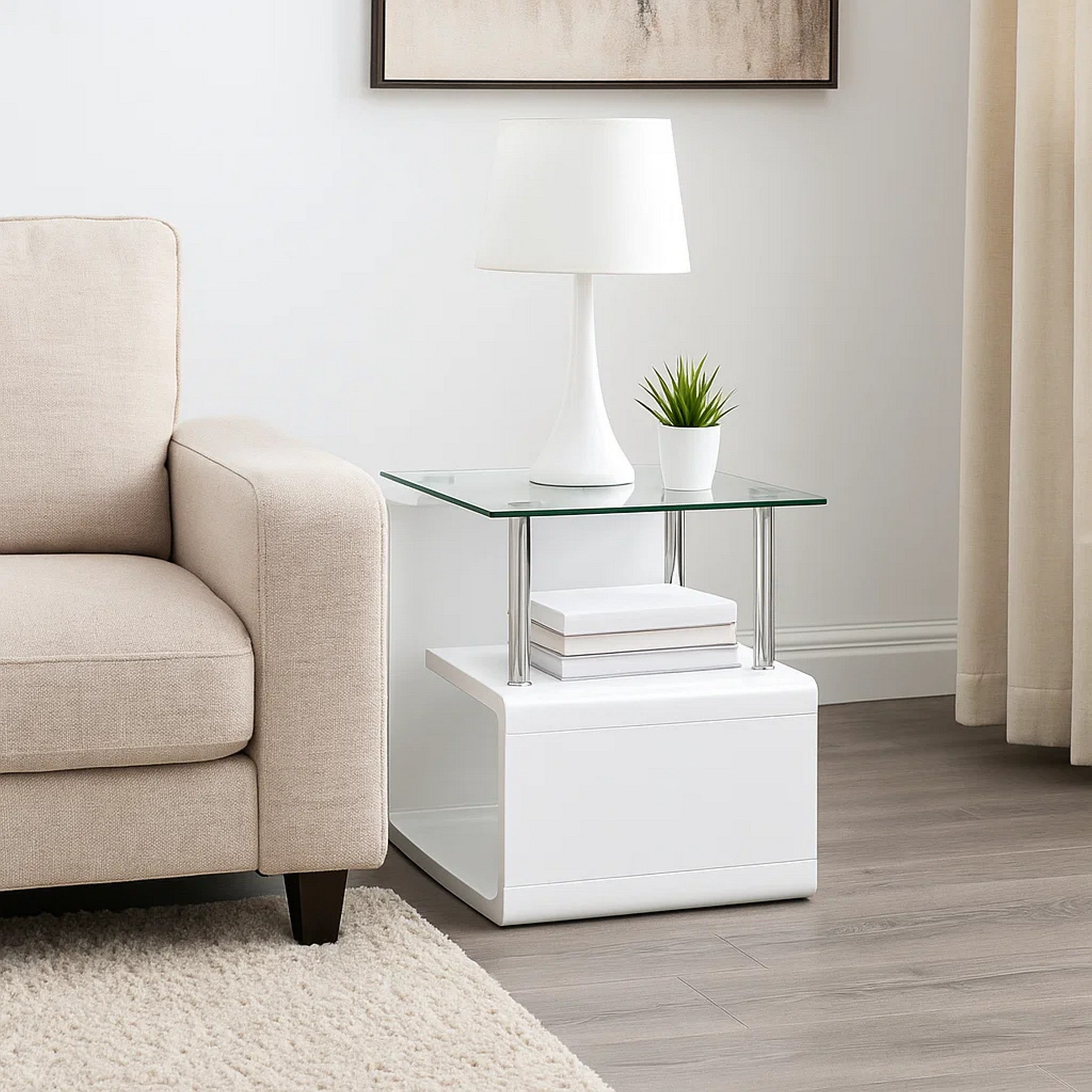Benjara 24 Inch Square Accent End Table, Glass Top, Open Shelf, White, Chrome